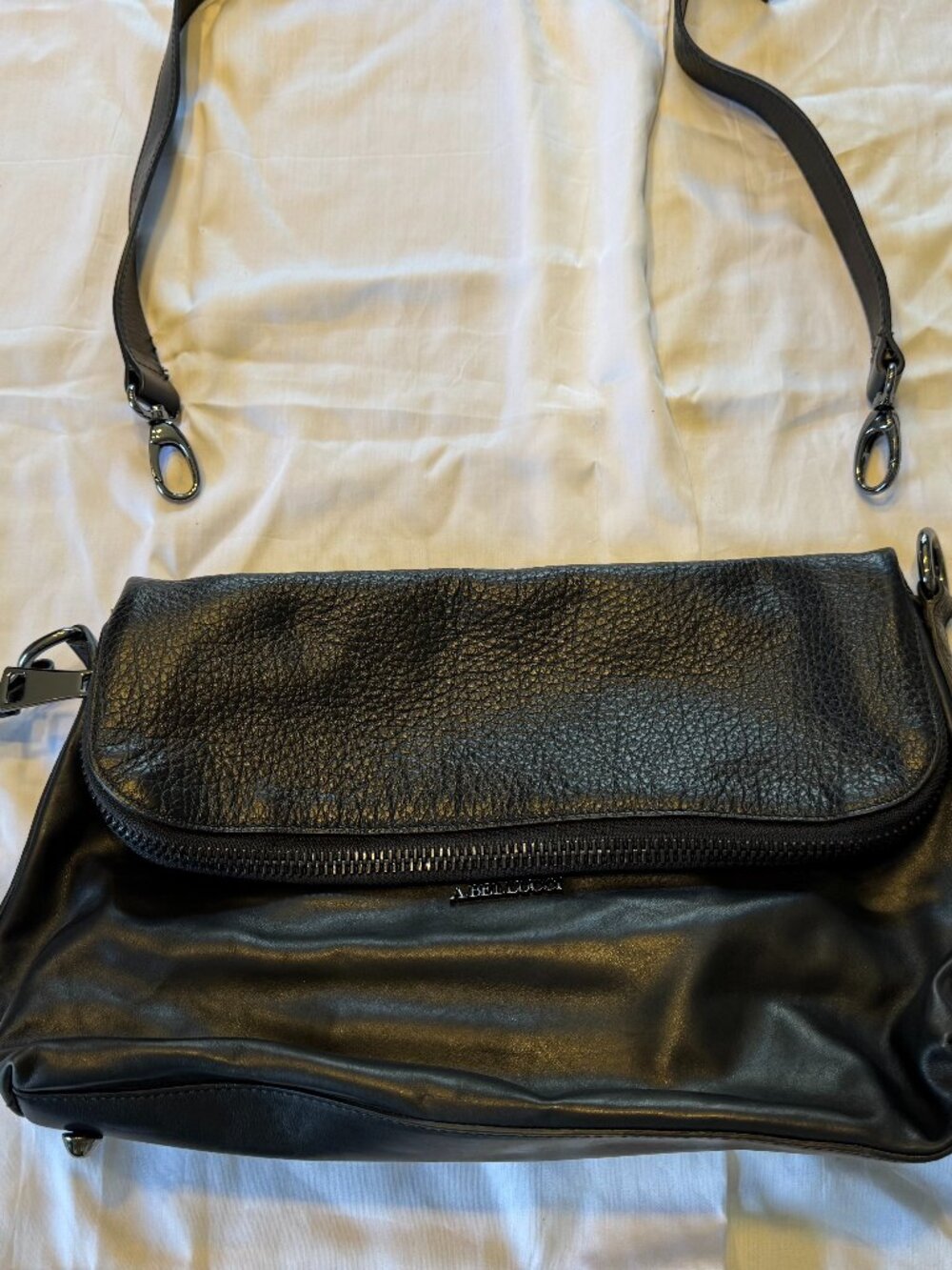A.Bellucci Black Leather Made in Italy Large Handbag, Bronze Tone Hardware, Deta